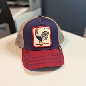 Goorin Bros Navy and Red Trucker Hat with Rooster Patch